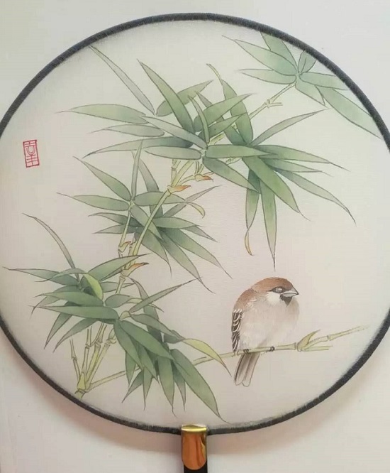 团扇工笔画技法:怎么画竹子麻雀?